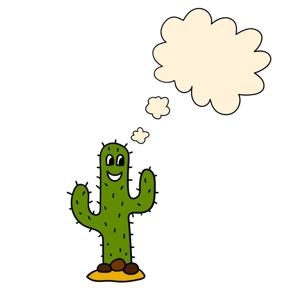 personnage de cactus doodle dessin animé mignon avec bulle de pensée isolé sur fond blanc. vecteur
