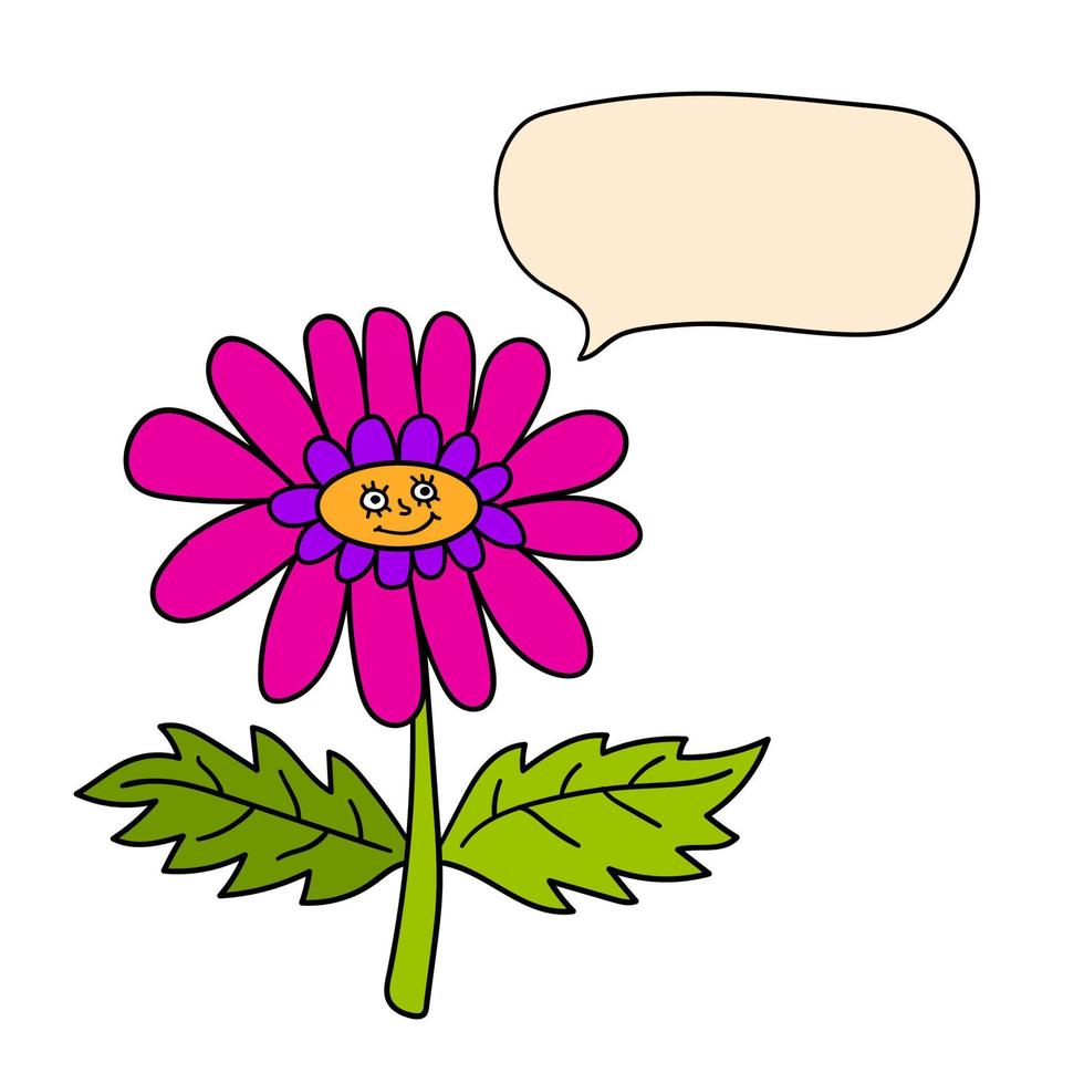 personnage de fleur de dessin animé fantaisie heureux coloré avec bulle de dialogue isolé sur fond blanc. vecteur