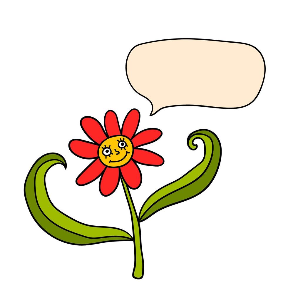 personnage de fleur de dessin animé fantaisie heureux coloré avec bulle de dialogue isolé sur fond blanc. vecteur