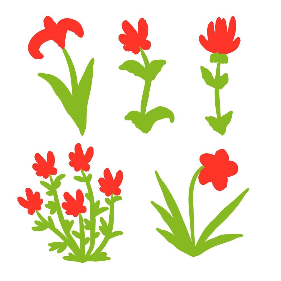 ensemble de fleurs rouges dessinées à la main isolés sur fond blanc. vecteur