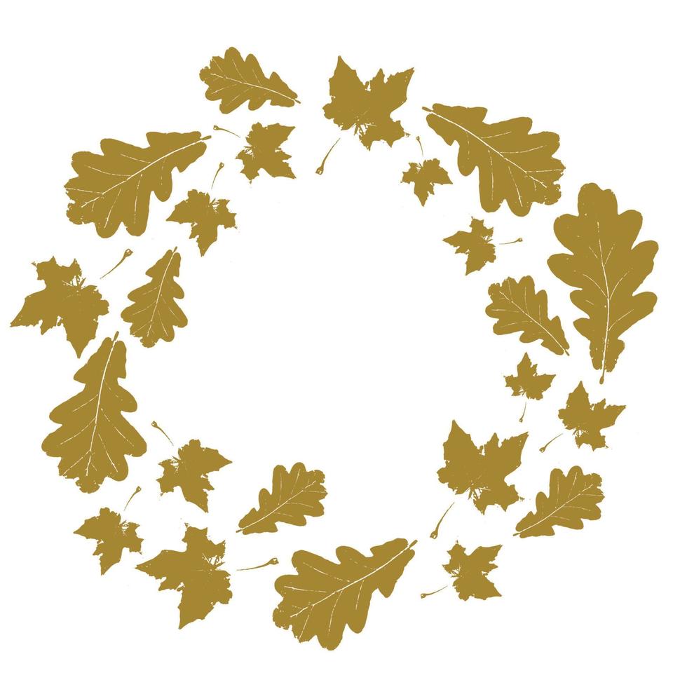 cadre d'automne rond floral avec des feuilles d'érable et de chêne dorées isolées sur blanc. vecteur