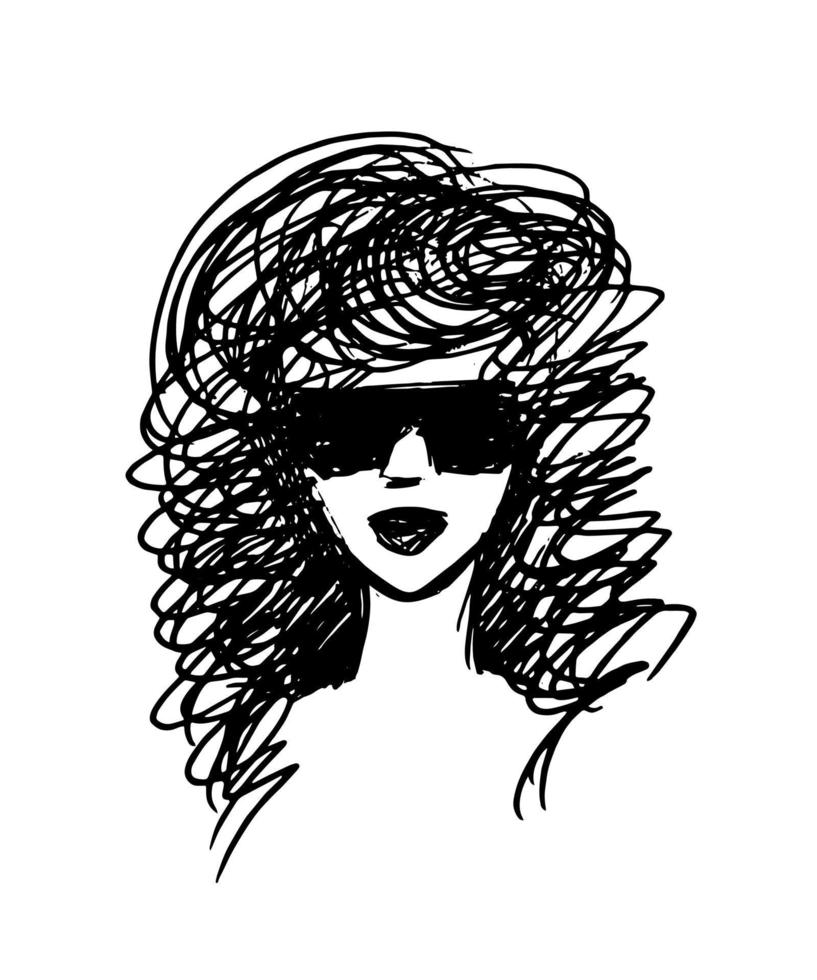 visage fille logo. girl, à, lunettes, portrait, -, vecteur, illustration, dessiné, par, stylo vecteur