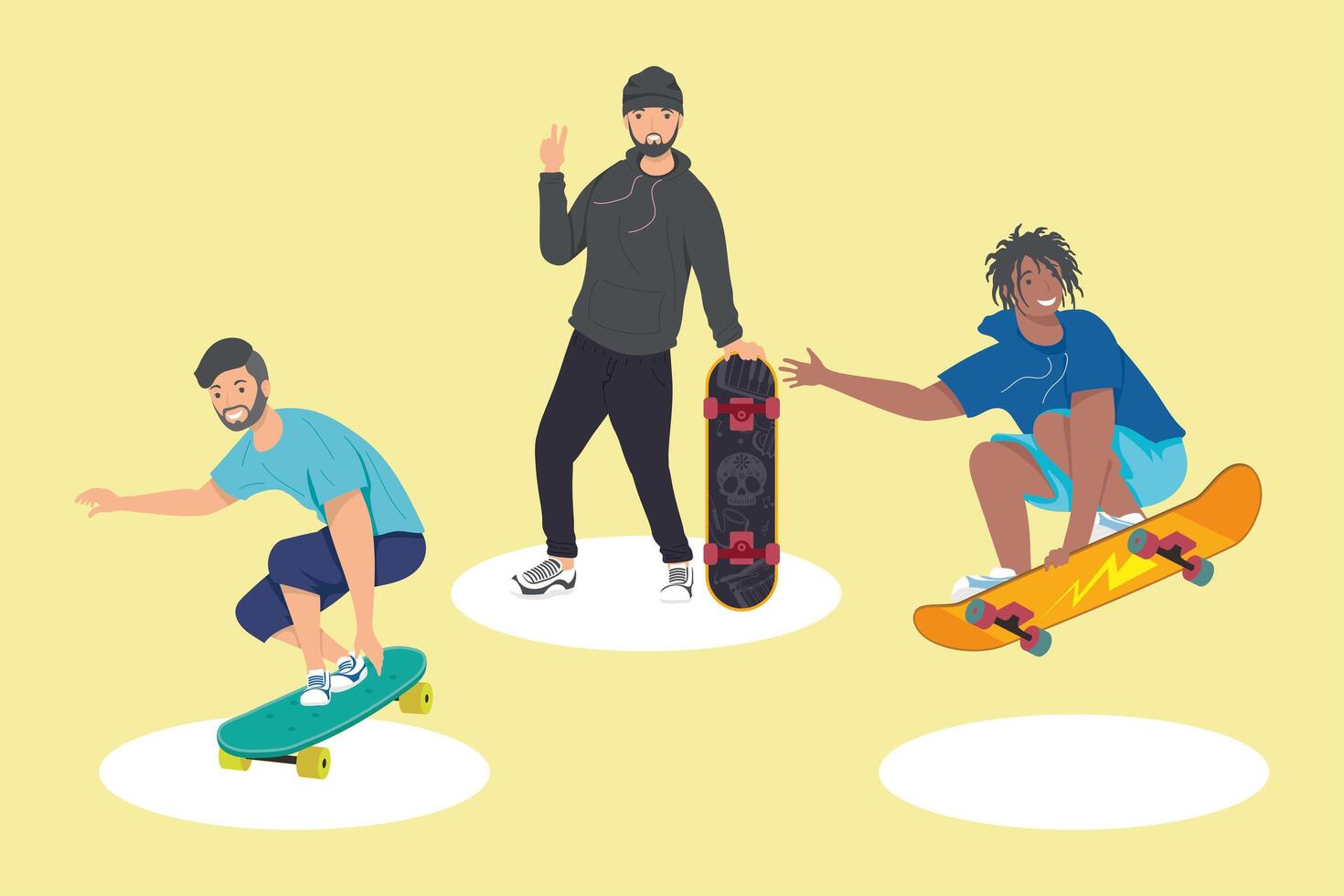 trois personnages de garçons patineurs vecteur