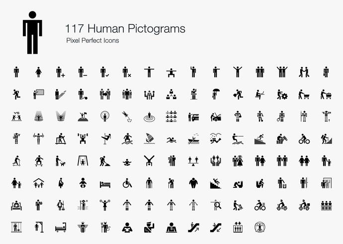 117 icônes parfaites de pixel de pictogramme humain. vecteur