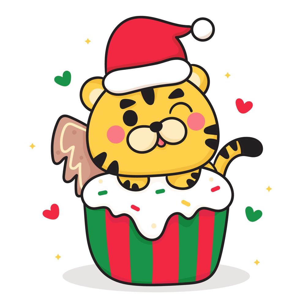 vecteur de dessin animé de tigre porter un joli bonnet de noel avec un gâteau de noël