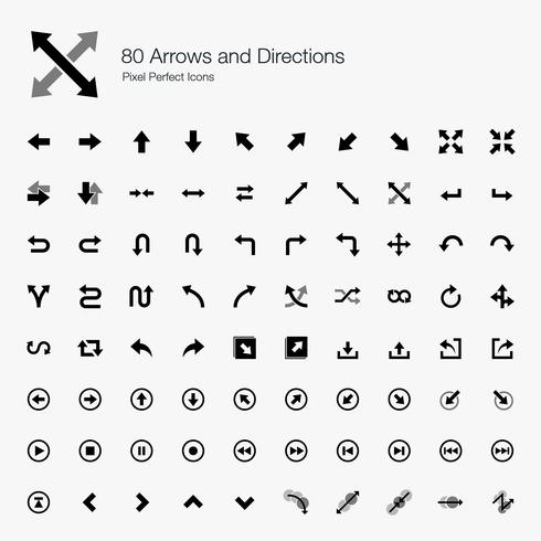 80 flèches et directions Pixel Perfect Icons. vecteur
