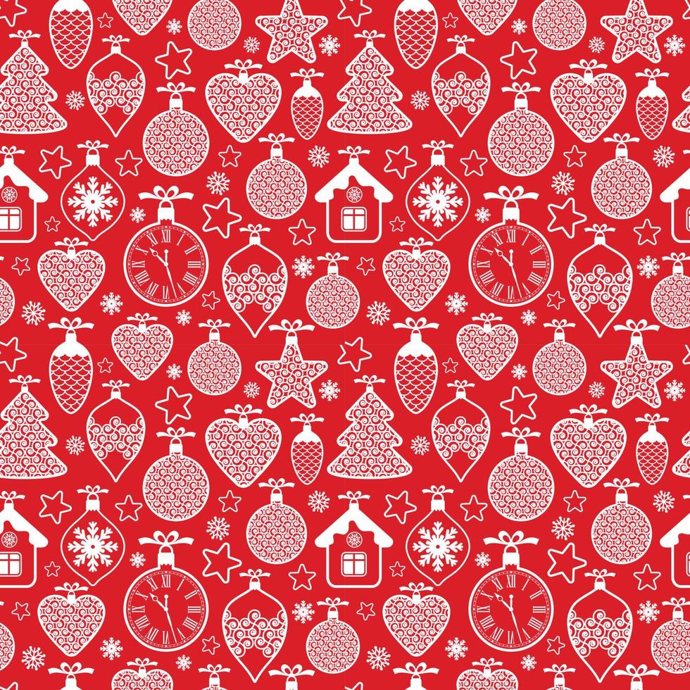 beau modèle sans couture de noël design avec des jouets de noël, des boules, des flocons de neige et des étoiles sur fond rouge. motif de surface géométrique graphique. vecteur