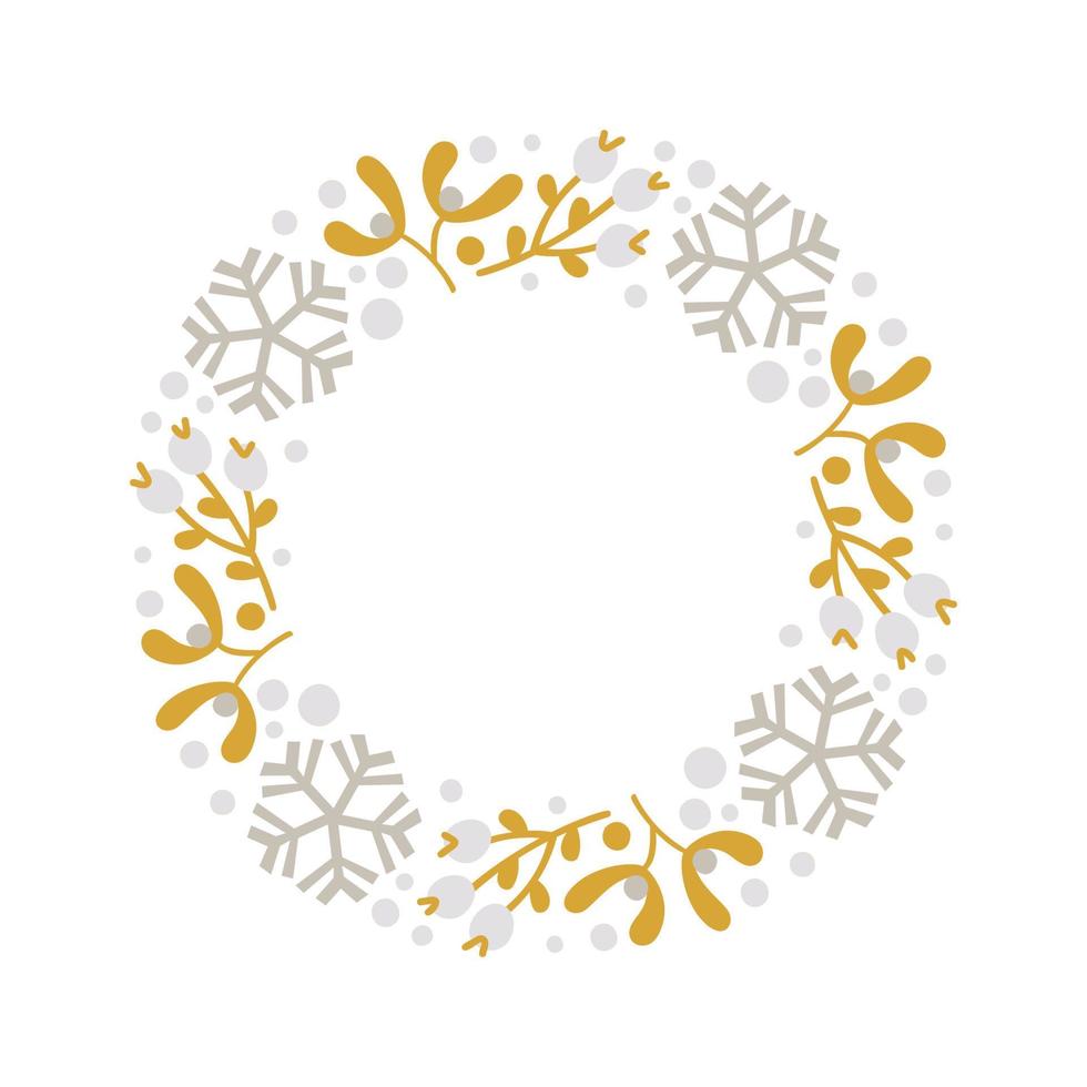 branche florale de guirlande de vecteur dessiné à la main doodle de noël et cadre de flocons de neige pour la décoration de texte. illustration mignonne de style scandinave