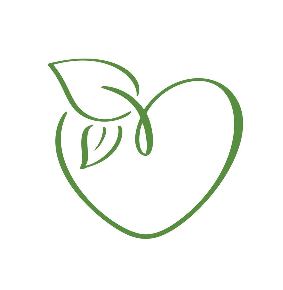 forme de coeur icône vecteur vert et deux feuilles. peut être utilisé pour la conception de logo biologique écologique, végétalien à base de plantes ou de soins de la nature