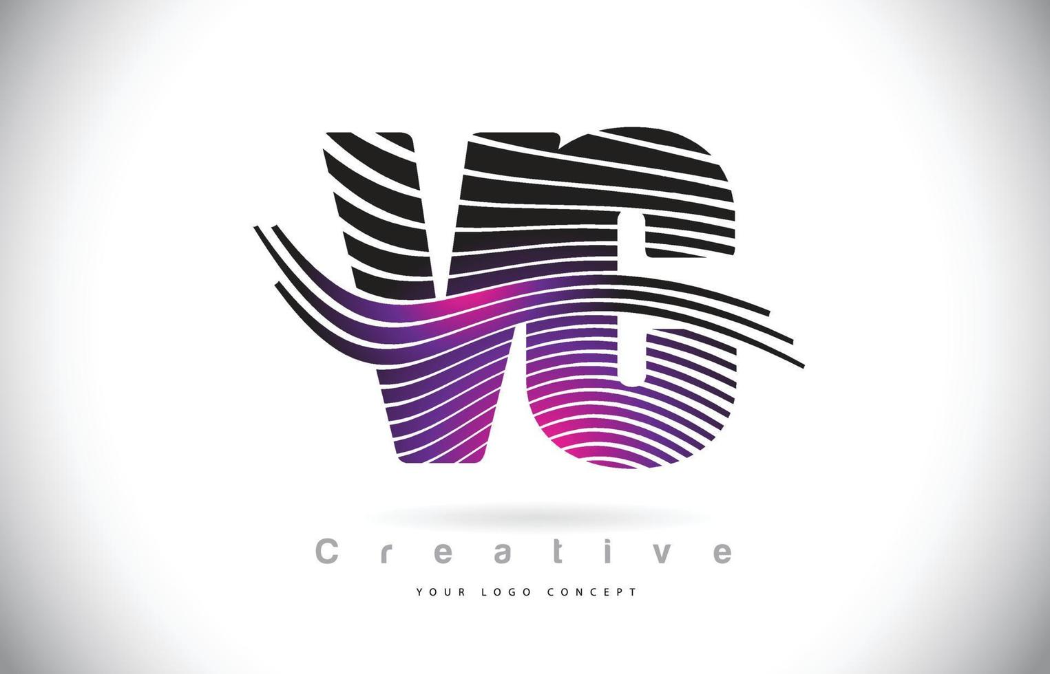 création de logo de lettre de texture vc vc zebra avec des lignes créatives et swosh en couleur violet magenta. vecteur