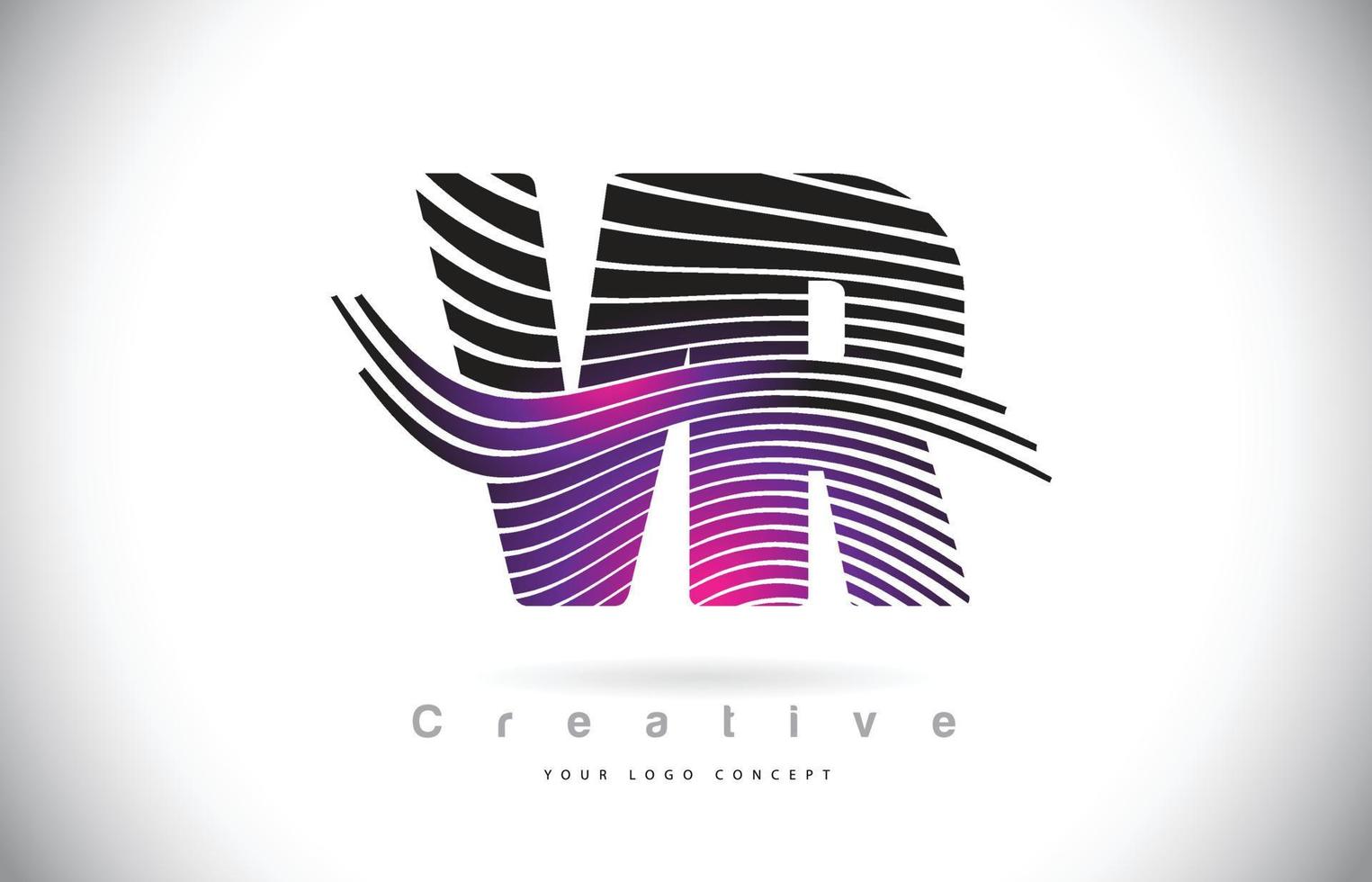 Création de logo de lettre de texture vr vr zebra avec des lignes créatives et swosh en couleur violet magenta. vecteur