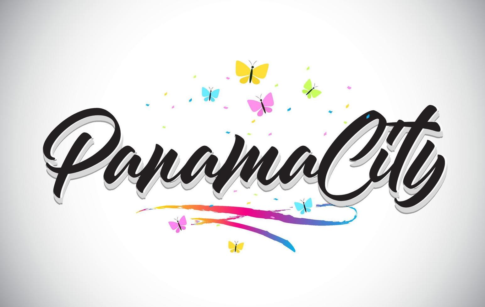 texte de mot vectoriel manuscrit de panamacity avec des papillons et un swoosh coloré.