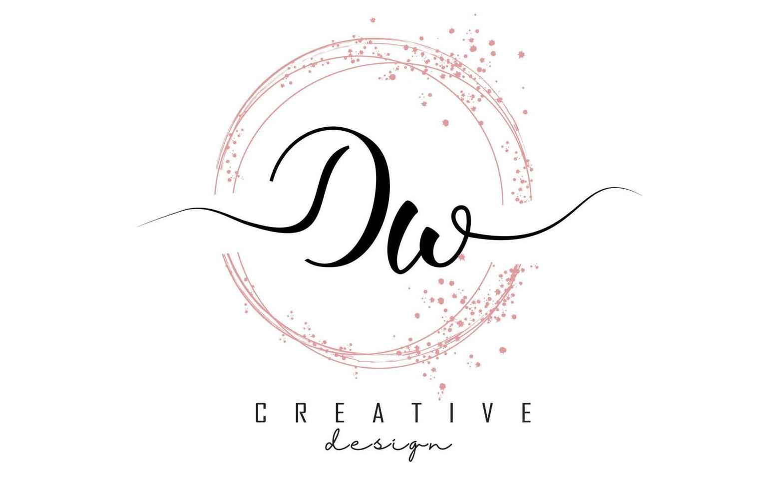 logo de lettre dw dw manuscrit avec des cercles étincelants avec des paillettes roses. vecteur