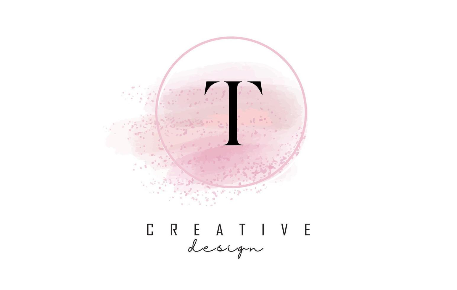 création de logo de lettre t avec cadre rond pailleté et fond aquarelle rose. vecteur