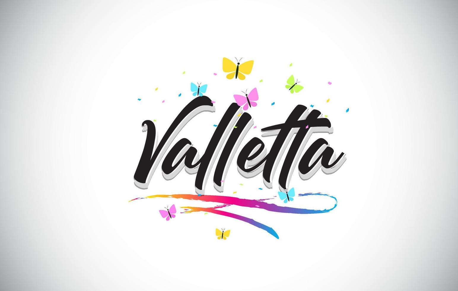 texte de mot vectoriel manuscrit de la valette avec des papillons et un swoosh coloré.