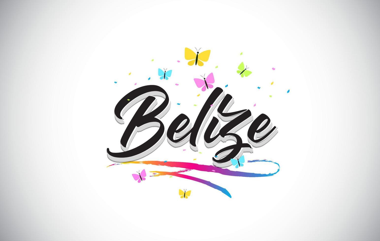 texte de mot vectoriel manuscrit du belize avec des papillons et un swoosh coloré.