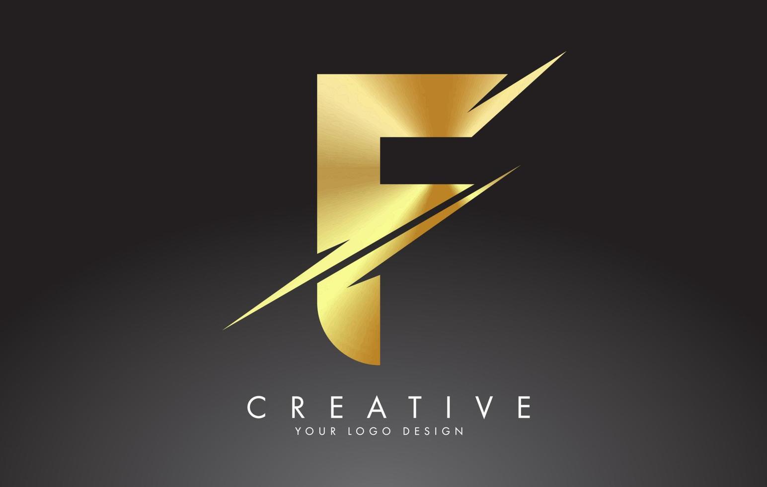 création de logo de lettre f dorée avec des coupes créatives. vecteur