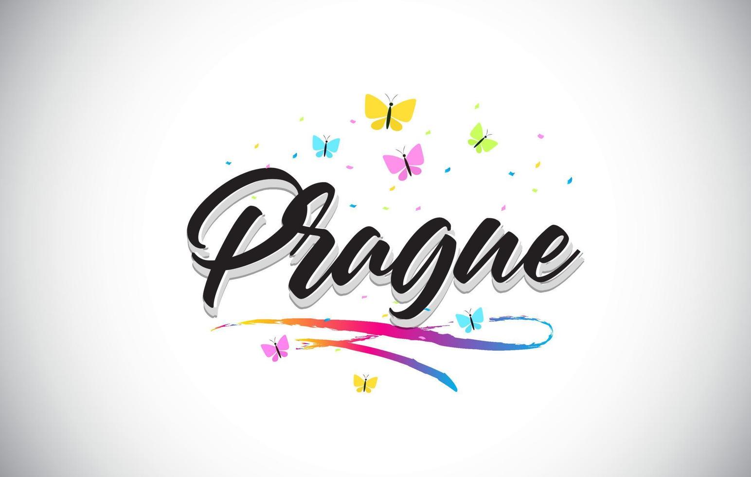 texte de mot vectoriel manuscrit de prague avec des papillons et un swoosh coloré.