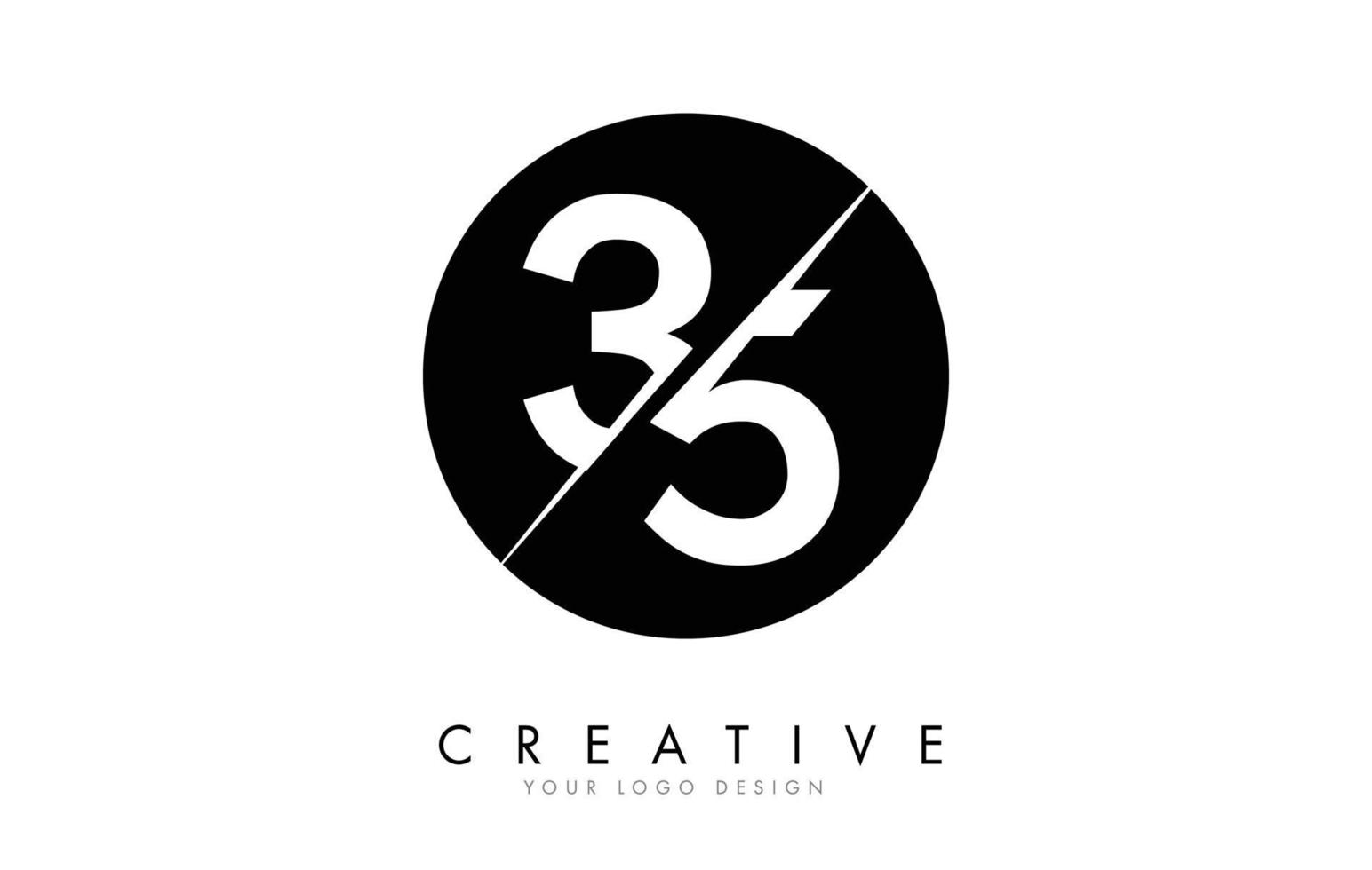 Création de logo à 35 3 5 numéros avec une coupe créative et un fond de cercle noir. vecteur