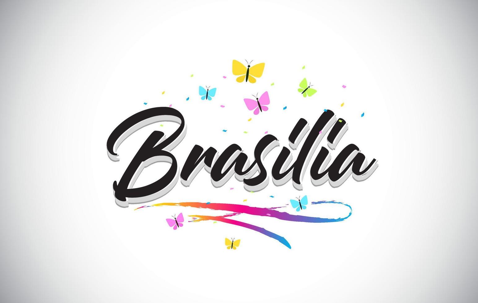 texte de mot vectoriel manuscrit de brasilia avec des papillons et un swoosh coloré.