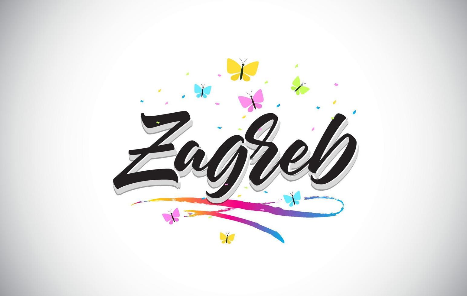 texte de mot vectoriel manuscrit de zagreb avec des papillons et un swoosh coloré.