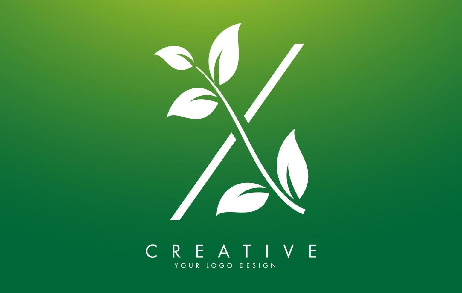 conception de logo de lettre x de feuille blanche avec des feuilles sur une branche et un fond vert. lettre x avec le concept de la nature. vecteur