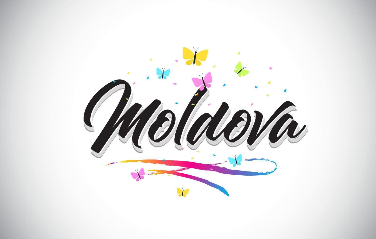 texte de mot vectoriel manuscrit de moldavie avec des papillons et un swoosh coloré.