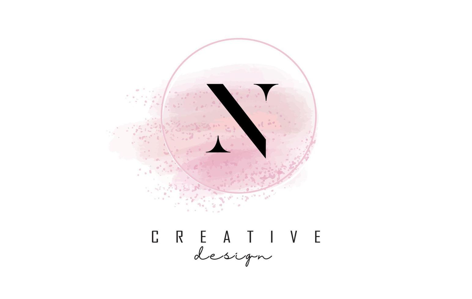 création de logo de lettre n avec cadre rond pailleté et fond aquarelle rose. vecteur