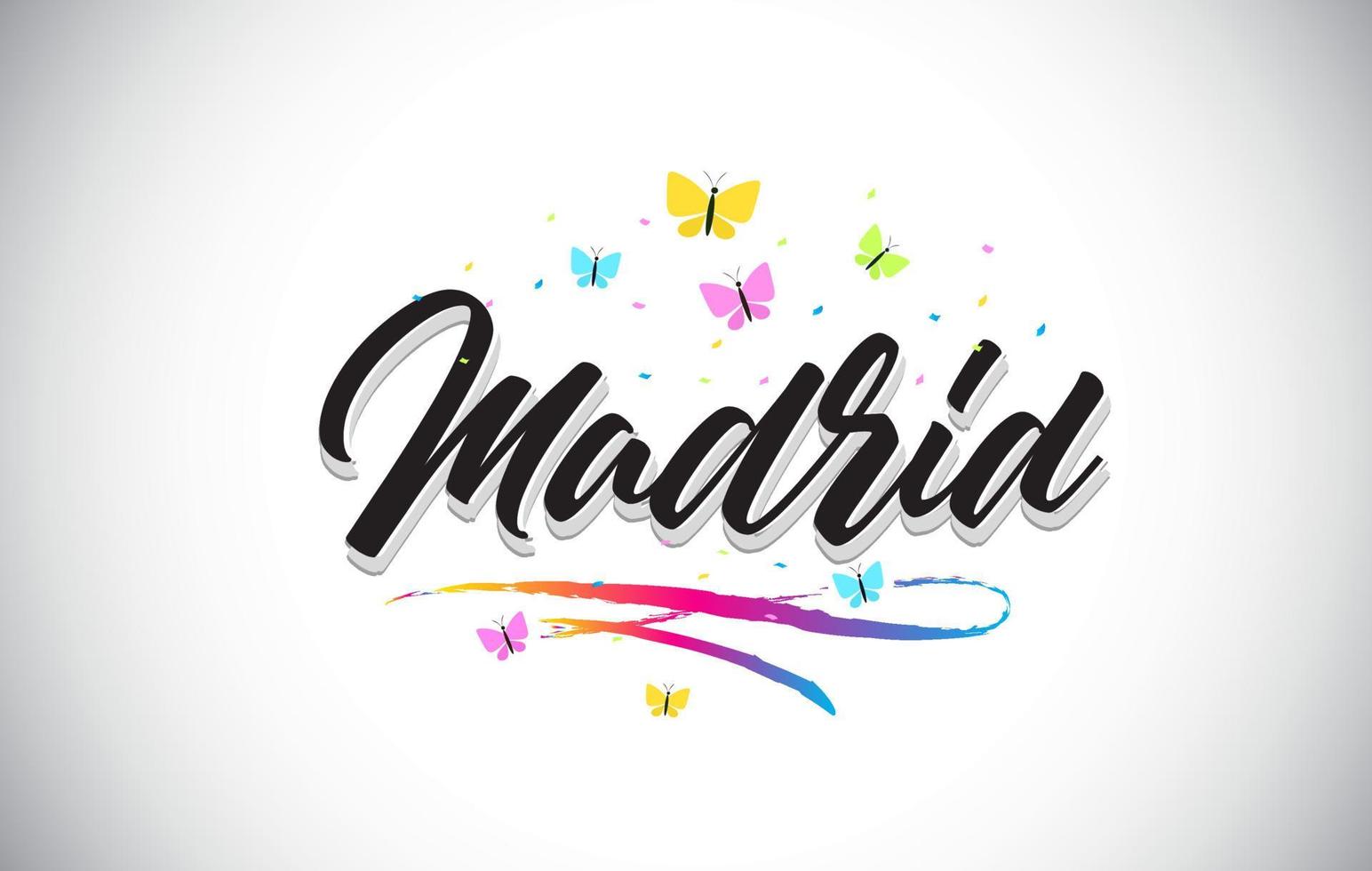 texte de mot vectoriel manuscrit de madrid avec des papillons et un swoosh coloré.