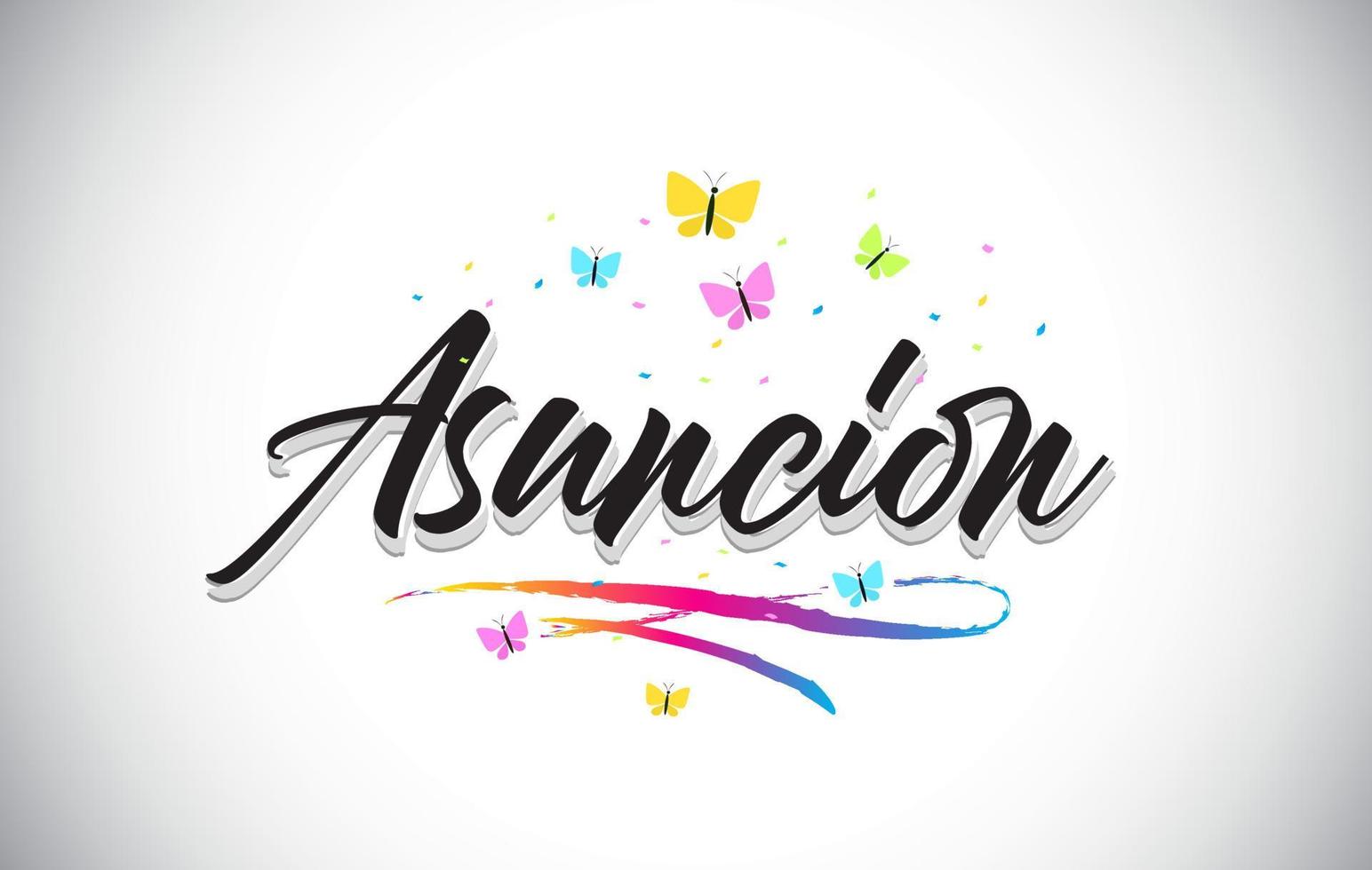 texte de mot vectoriel manuscrit asuncion avec papillons et swoosh coloré.