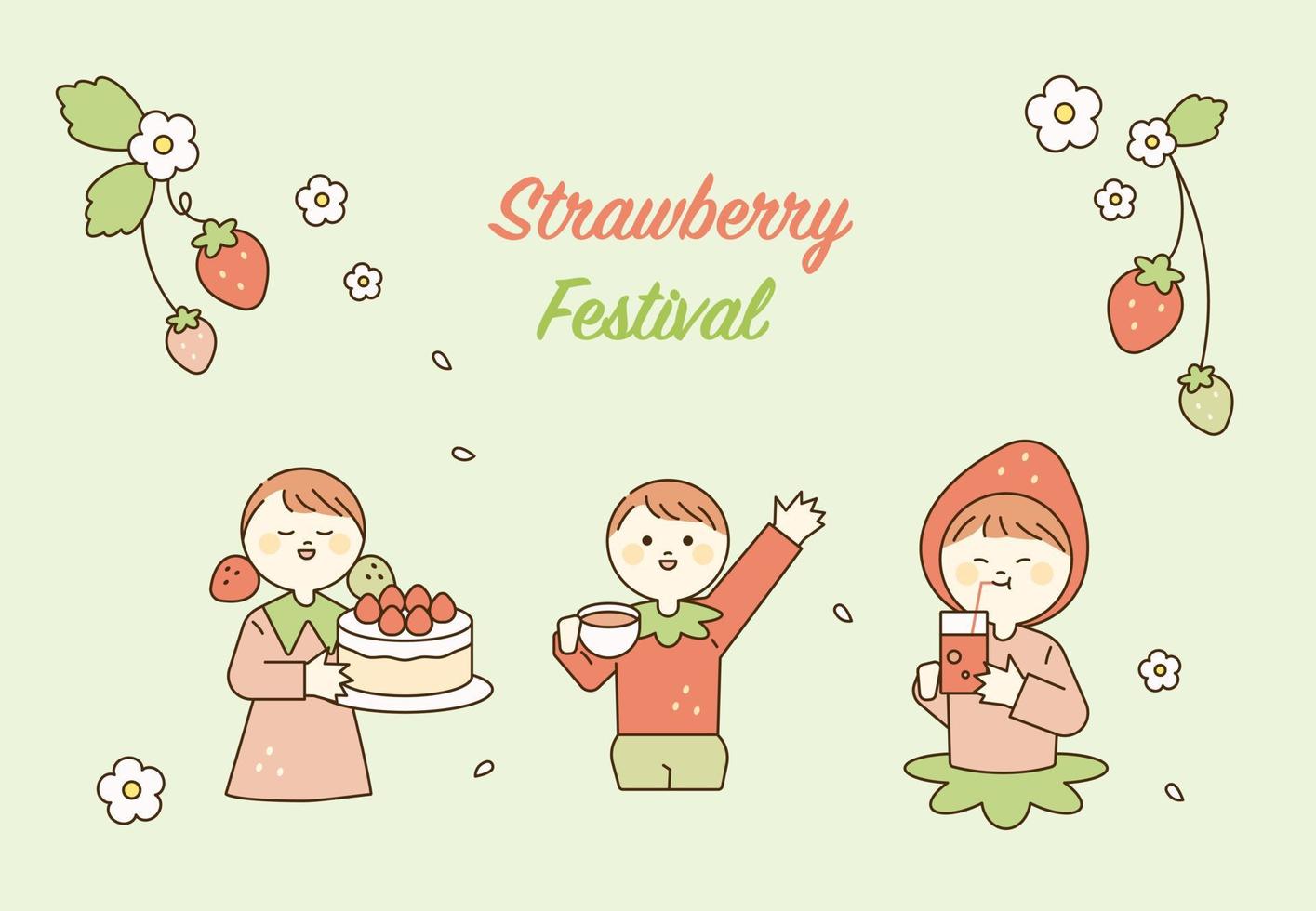 affiche du festival de la fraise. personnages mignons tenant un dessert aux fraises. contour simple illustration vectorielle. vecteur