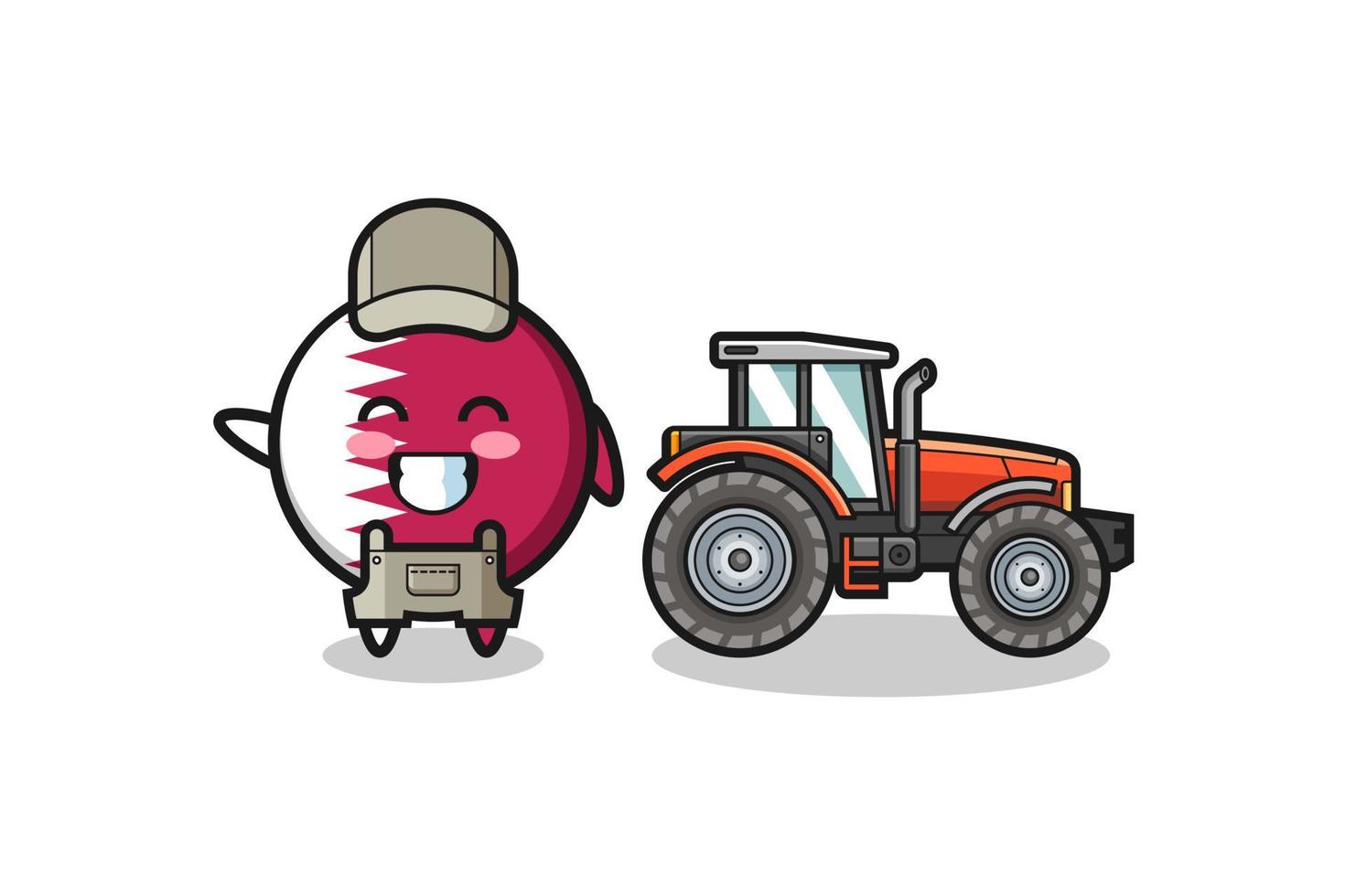 la mascotte d'agriculteur du drapeau du qatar debout à côté d'un tracteur vecteur