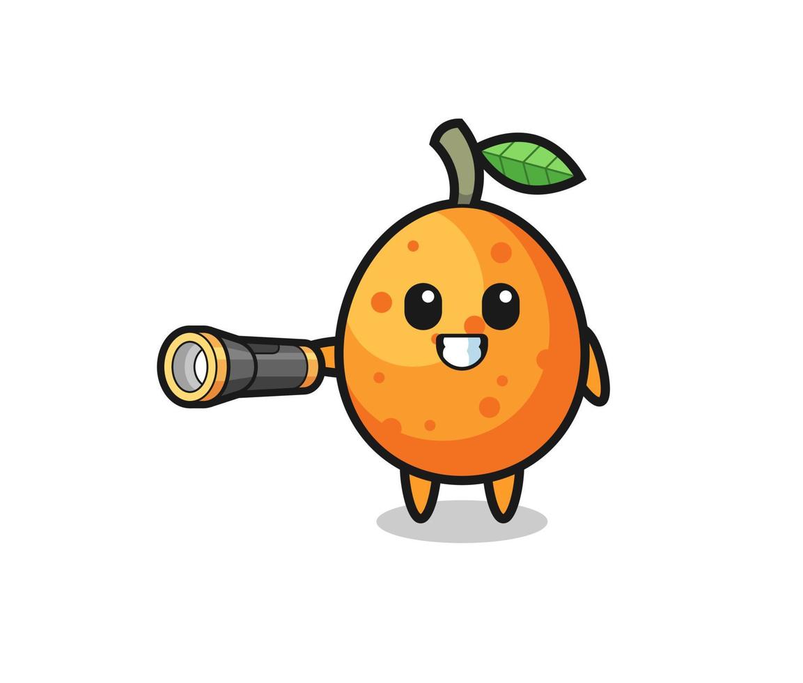 mascotte kumquat tenant une lampe de poche vecteur