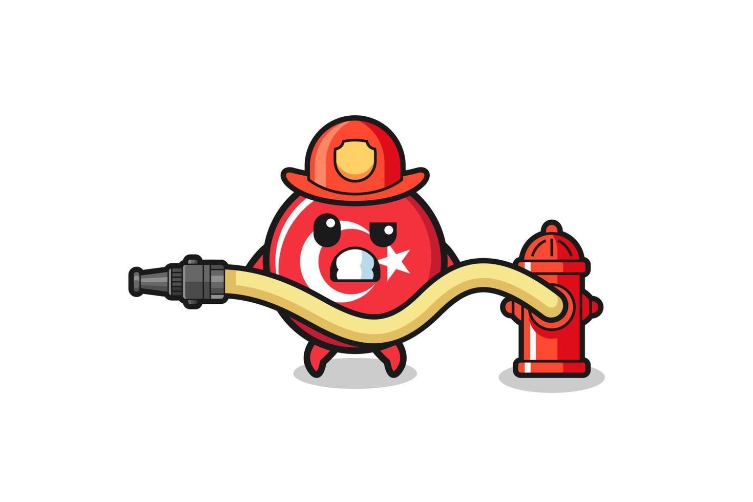 dessin animé de drapeau de turquie comme mascotte de pompier avec tuyau d'eau vecteur