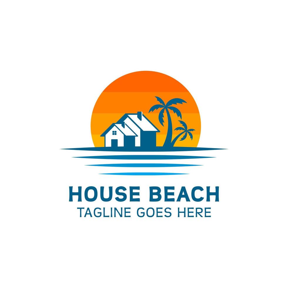 logo pour les auberges en bord de mer. logo sous la forme d'une maison avec une noix de coco ou un palmier à côté et le soleil derrière vecteur