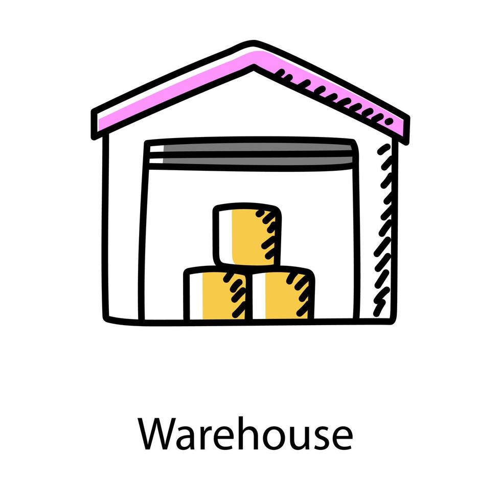 icône d'entrepôt dans le bâtiment de conception de doodle pour stocker des marchandises vecteur