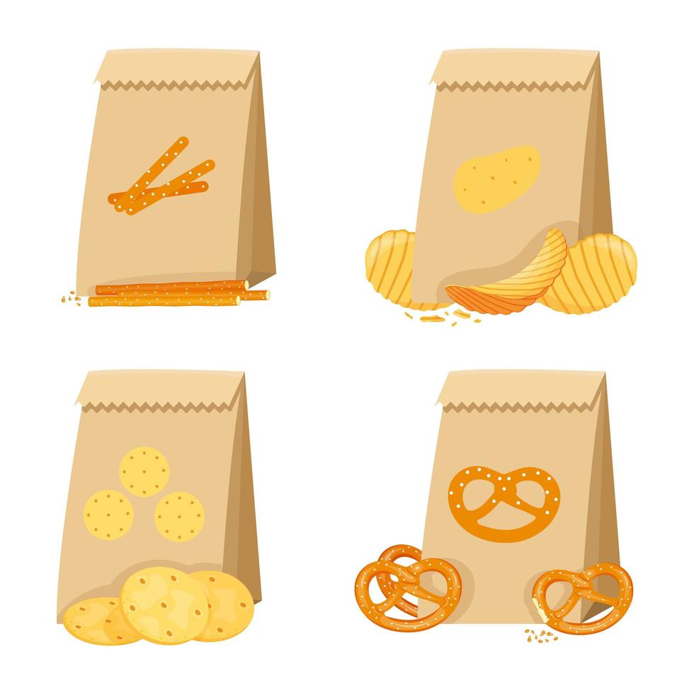 collation salée dans des sacs en papier, bretzel, craquelins, pailles, chips. vecteur