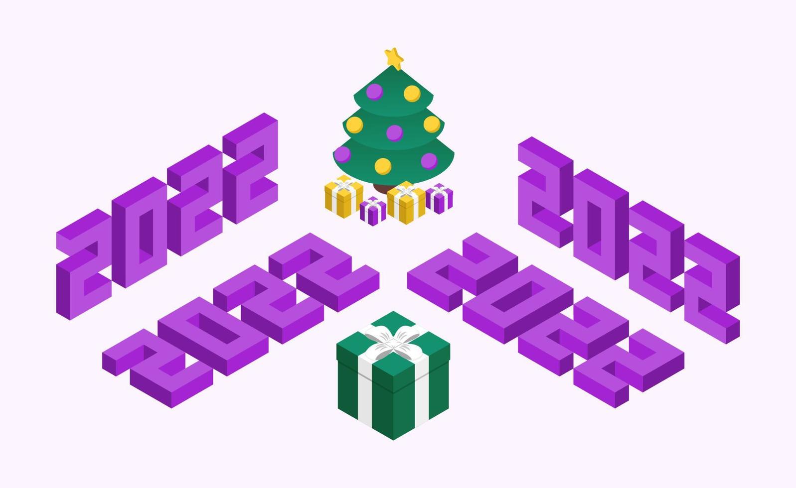 Numéros d'isométrie 2022 avec arbre de Noël et cadeaux. composition du nouvel an dans un style violet et vert. quatre variations de nombres d'isométrie. vecteur