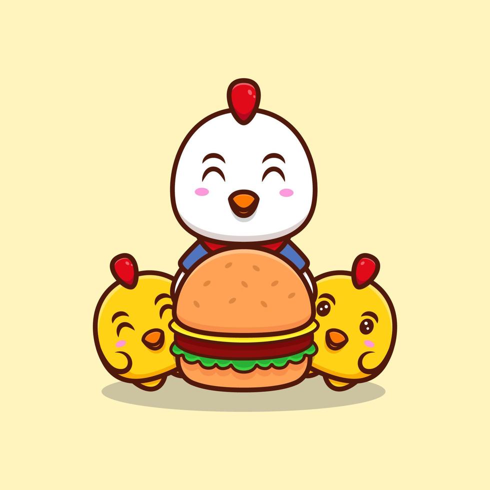 famille de poulet mignon et illustration d'icône de dessin animé gros hamburger vecteur