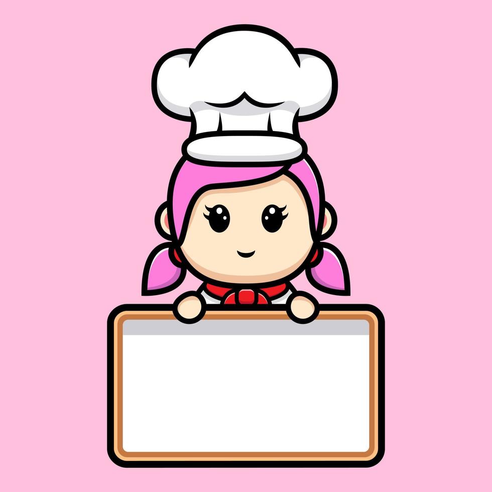 jolie fille chef tenant une conception de mascotte de tableau de texte vierge vecteur