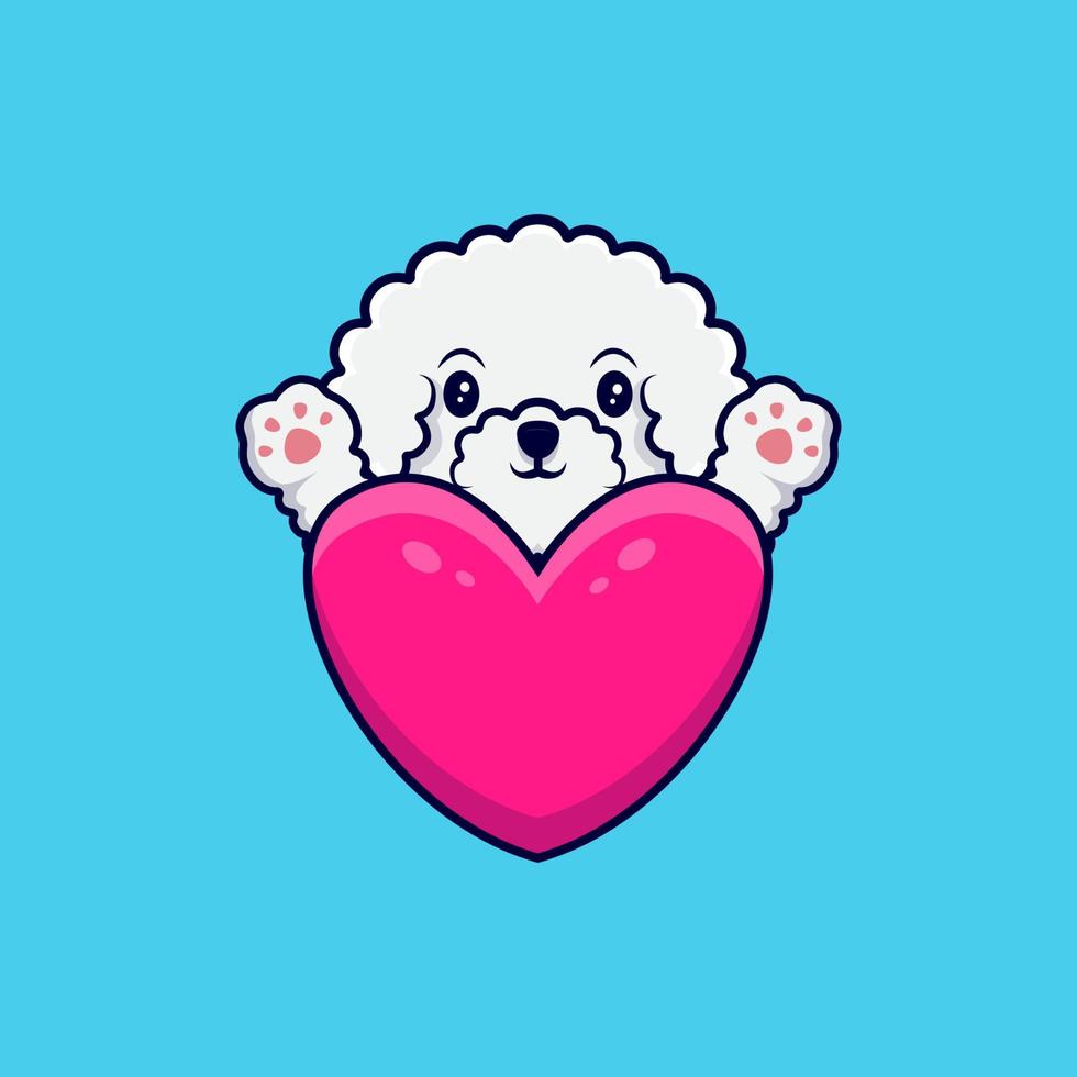 chien bichon frisé mignon agitant des pattes derrière une illustration d'icône de dessin animé grand coeur vecteur