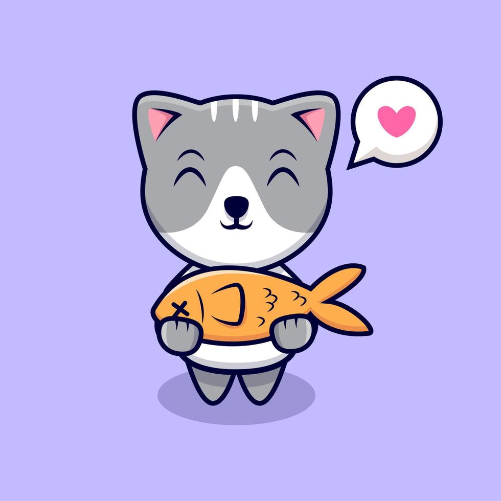 chat mignon aime manger du poisson illustration d'icône de vecteur de dessin animé. style de dessin animé plat