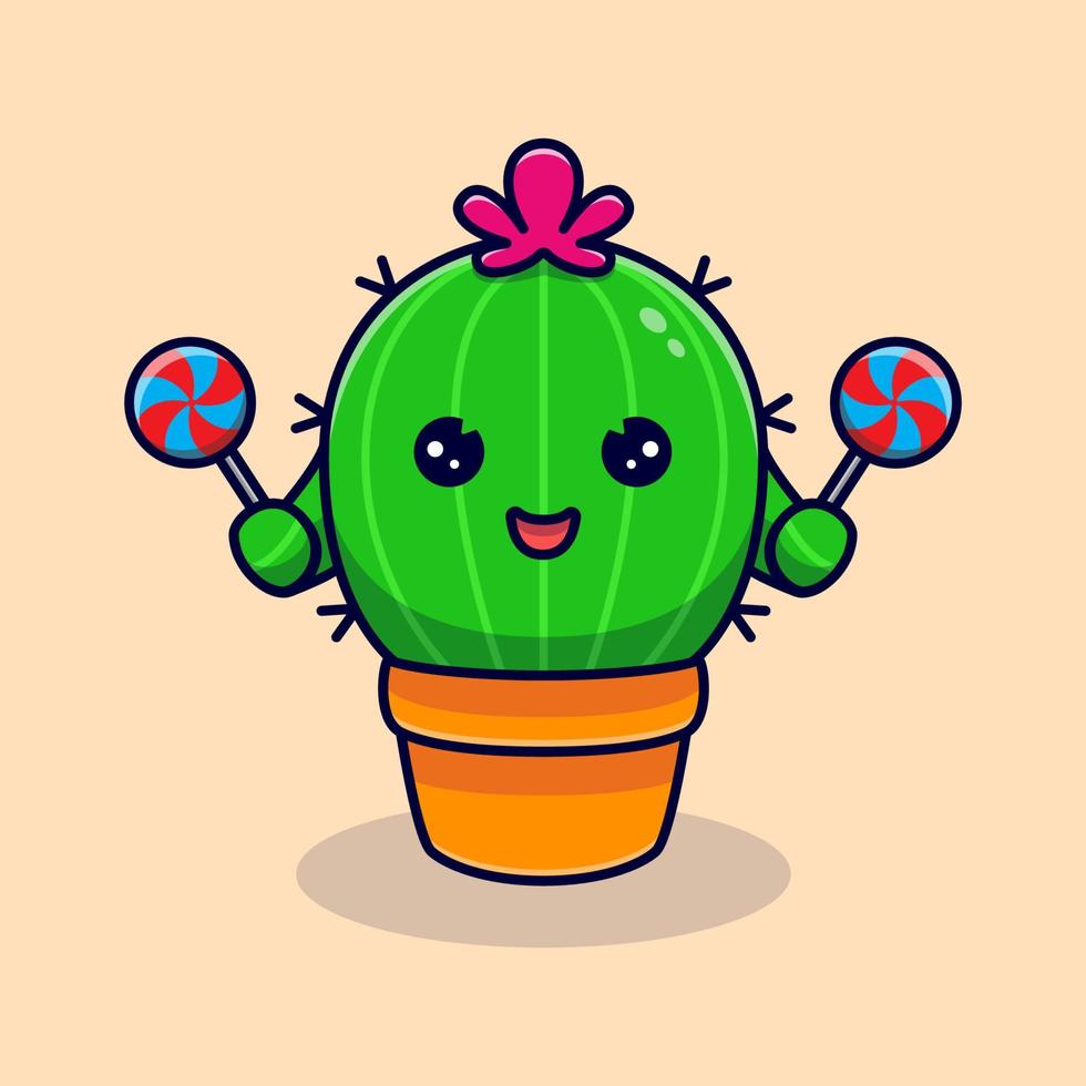 cactus mignon tenant des sucettes. illustration d'icône de dessin animé plat vecteur