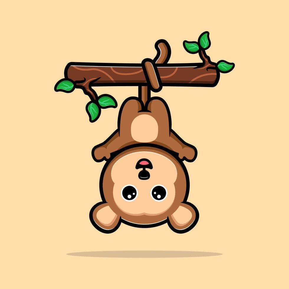 singe mignon accroché à un arbre et agitant la mascotte de dessin animé de main vecteur