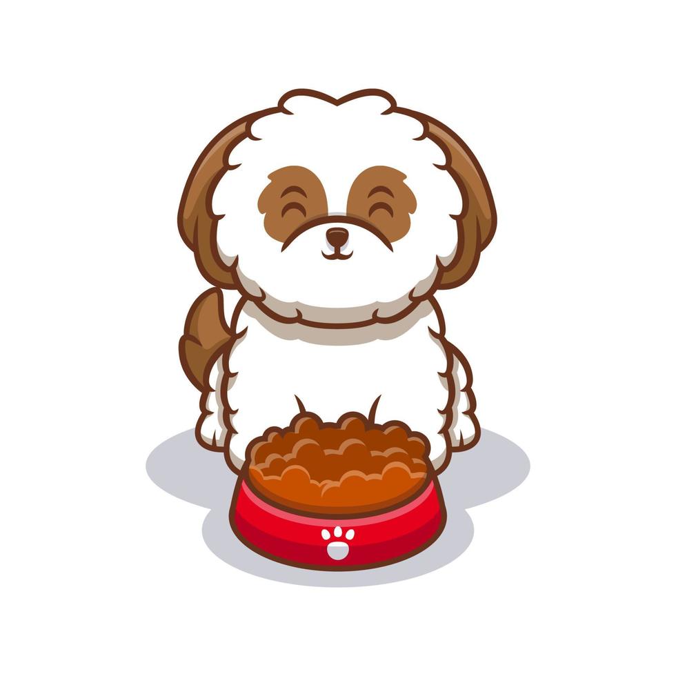 mignon chiot shih-tzu prêt à manger de la nourriture icône illustration de dessin animé vecteur