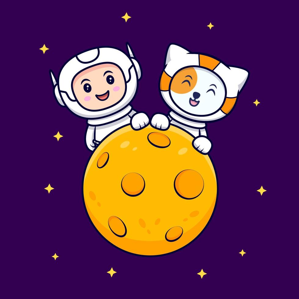 astronaute mignon sur l'illustration d'icône de vecteur de dessin animé de lune. style cartoon plat