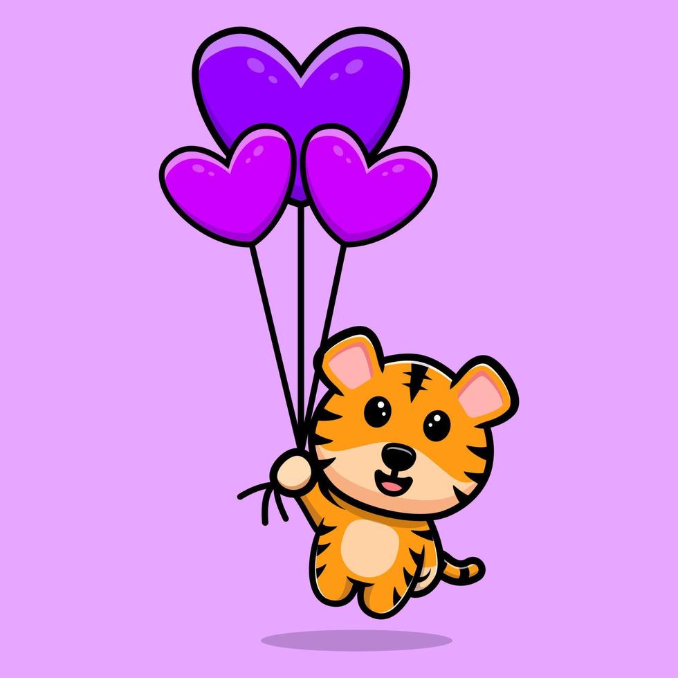 tigre mignon flottant avec mascotte de dessin animé ballon coeur vecteur