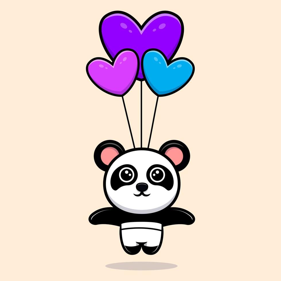 panda mignon volant avec mascotte de dessin animé ballon coeur vecteur