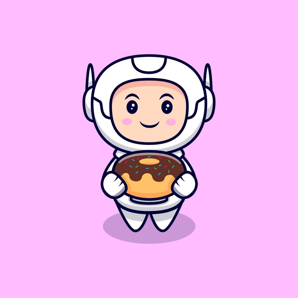 astronaute mignon tenant une illustration d'icône de vecteur de dessin animé de beignet. style cartoon plat