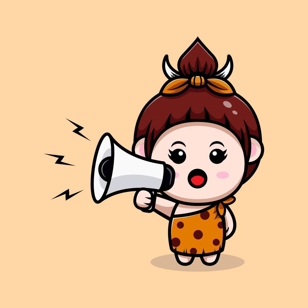 icône de dessin animé de mascotte de fille des cavernes primitive mignonne. illustration de personnage de mascotte kawaii pour autocollant, affiche, animation, livre pour enfants ou autre produit numérique et imprimé vecteur